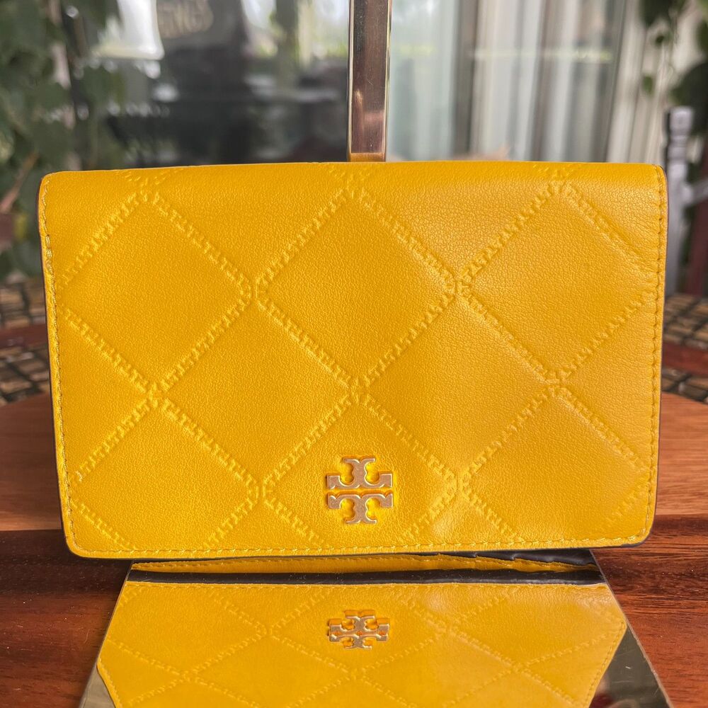 Tory Burch Quilted Wallet Mustard Yellow Gold Hardware EUC